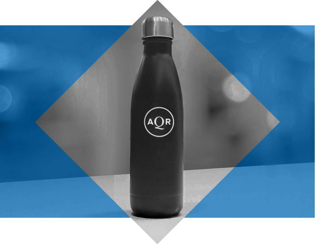 A reusable water bottle with the AQR logo on the front.